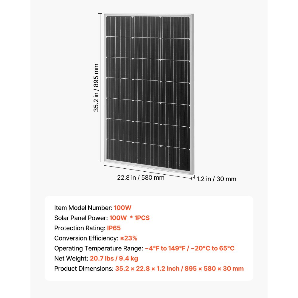 VEVOR 100W Monocrystalline Solar Panel, 23% High-Efficiency Mono PV Module with Stable MC4 Output & Aluminum Frame, IP65 Waterproof Solar Panel for Car Boat RV Flat Rooftop Off-Grid Applications