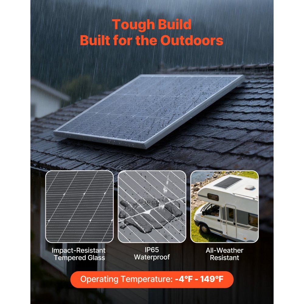 VEVOR Panel Solar Monocristalino 200 W, Eficiencia Conversión ≥23 %, con Salida MC4 Estable y Marco de Aluminio, Impermeable, para Coches, Barcos, Autocaravanas y Techos Planos, 1340 x 760 x 35 mm