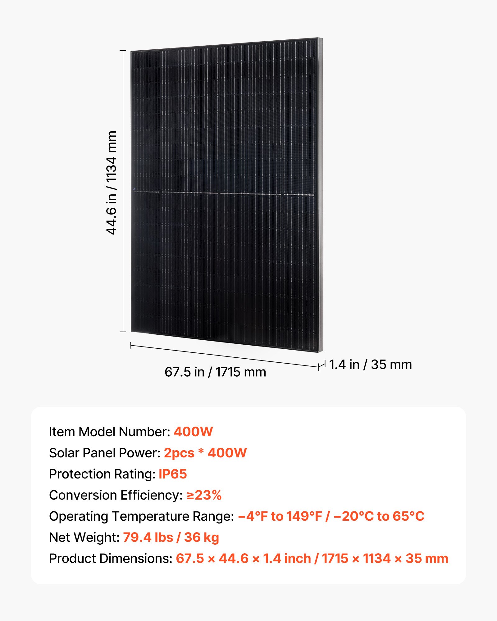 VEVOR 2 Paneles Solares Monocristalinos de 400 W, Eficiencia de Conversión ≥23 %, con Salida MC4 Estable y Marco de Aluminio, Impermeable, para Coches, Barcos, y Techos Planos, 1715 x 1134 x 35 mm