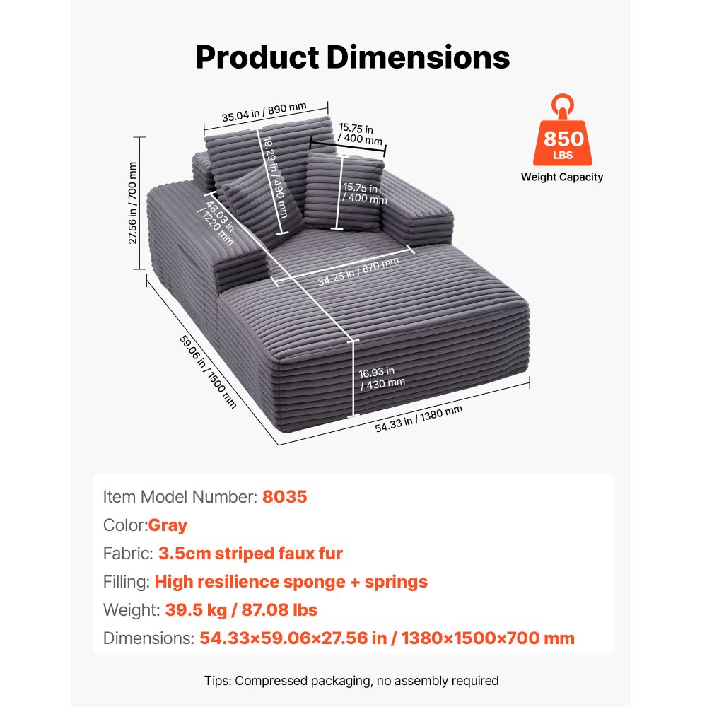 VEVOR Chaise Longue Relajante, Sofá Cama Tapizado con Cojines Decorativos y Reposabrazos, con Asiento Profundo para Salón y Dormitorio, Esponja Altamente Elástica, 1380 x 1500 x 700 mm, Gris