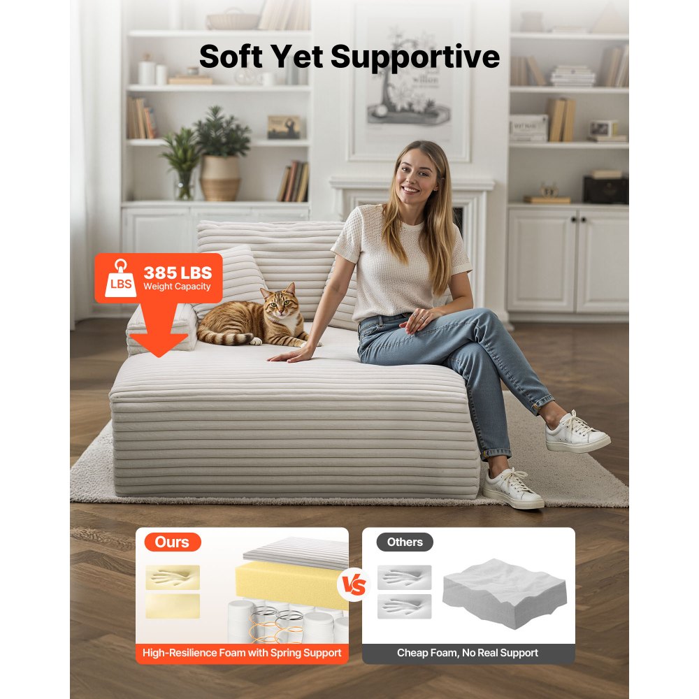 VEVOR Chaise Longue Relajante, Sofá Cama Tapizado con Cojines Decorativos y Reposabrazos, con Asiento Profundo para Salón y Dormitorio, Sillón de Esponja Elástica Beige, 1380 x 1500 x 700 mm