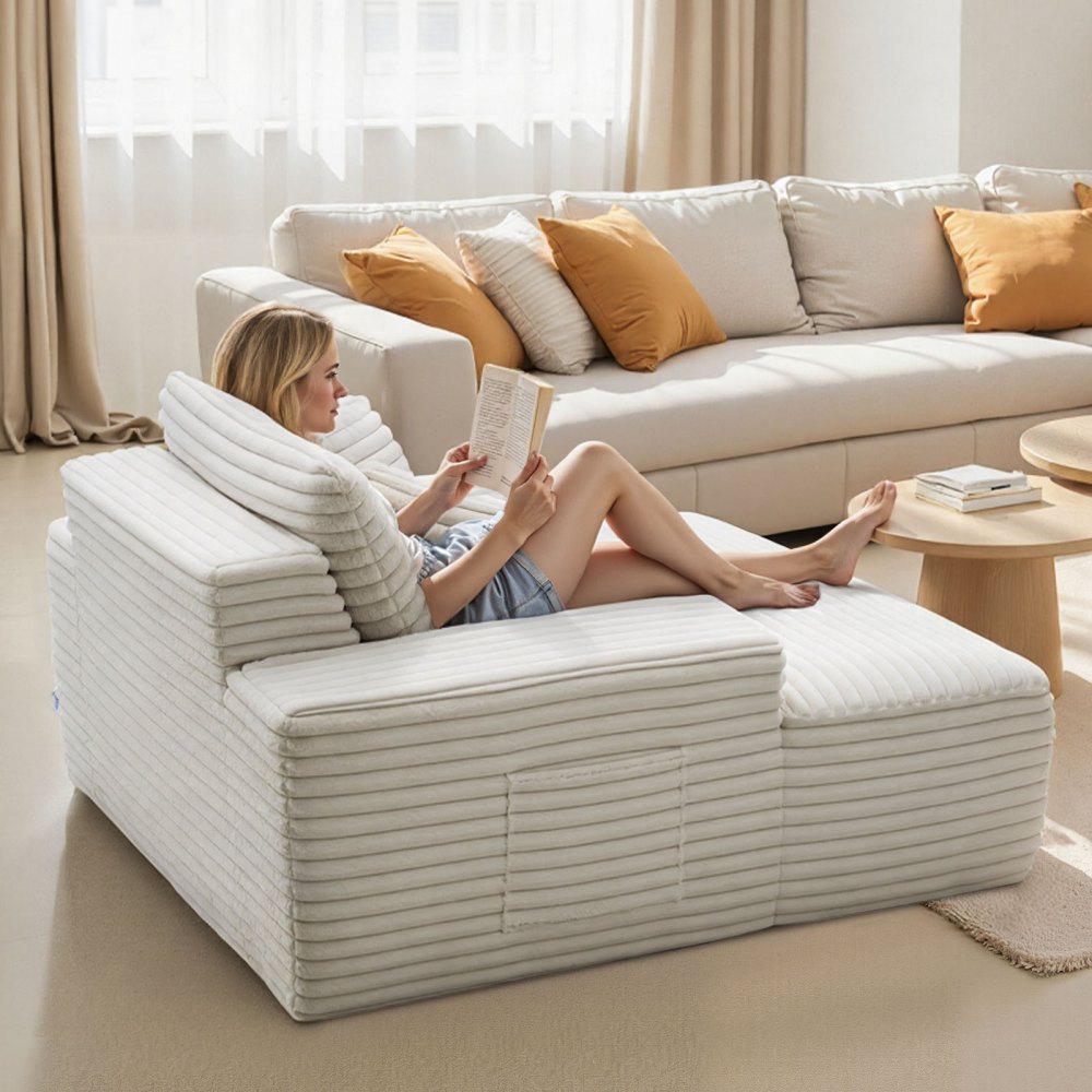 VEVOR Chaise Longue Relajante, Sofá Cama Tapizado con Cojines Decorativos y Reposabrazos, con Asiento Profundo para Salón y Dormitorio, Sillón de Esponja Elástica Beige, 1380 x 1500 x 700 mm