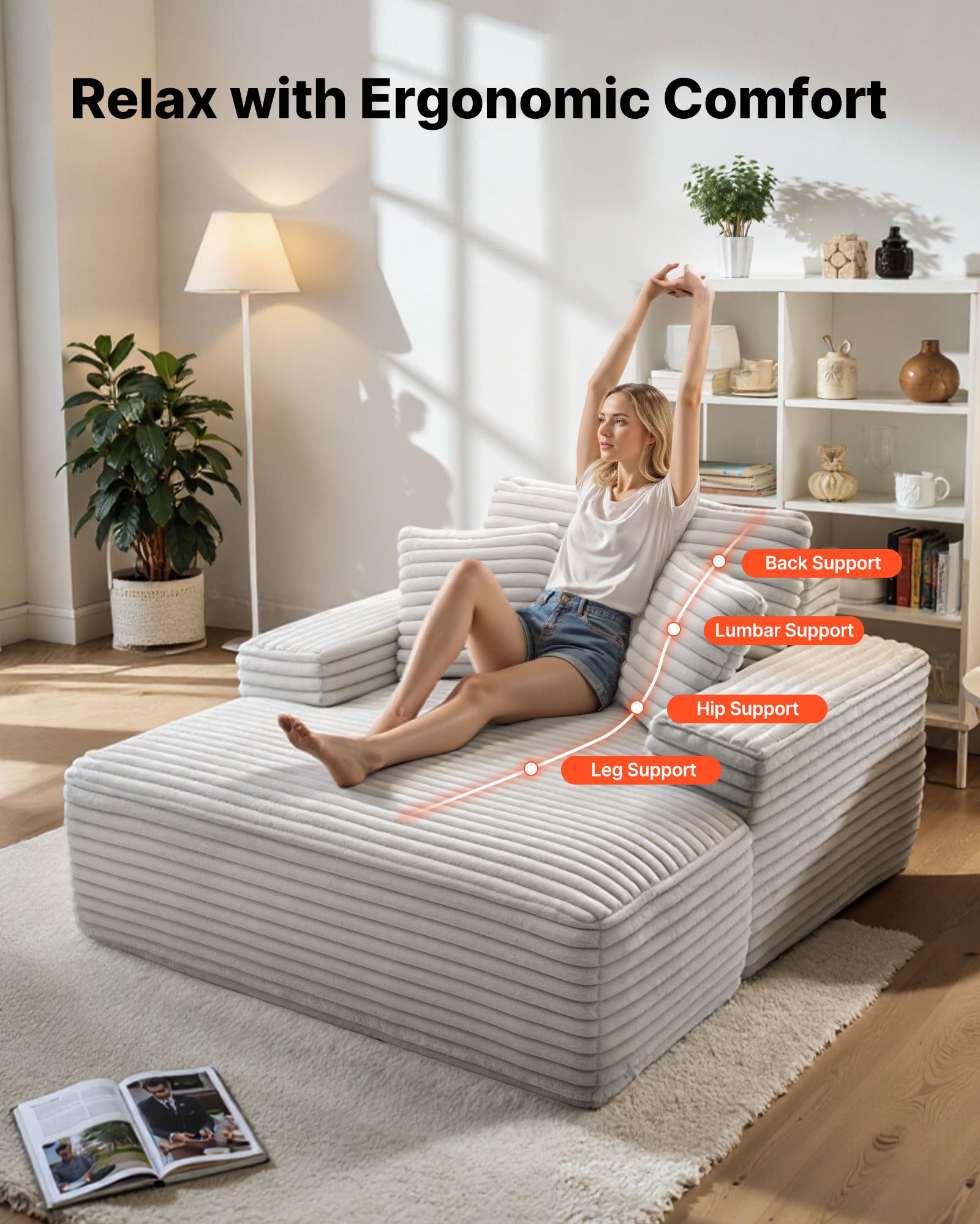 VEVOR Chaise Longue Relajante, Sofá Cama Tapizado con Cojines Decorativos y Reposabrazos, con Asiento Profundo para Salón y Dormitorio, Sillón de Esponja Elástica Beige, 1380 x 1500 x 700 mm