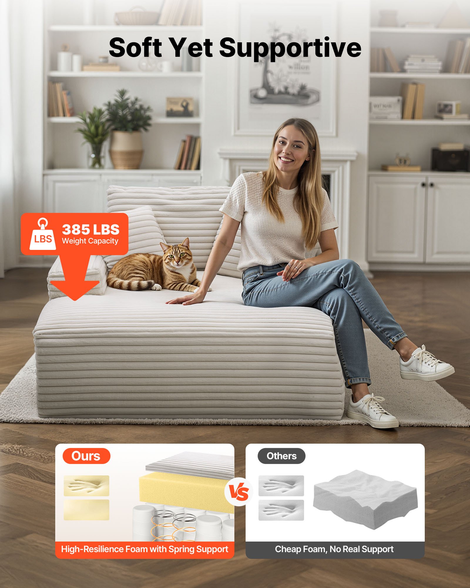 VEVOR Chaise Longue Relajante, Sofá Cama Tapizado con Cojines Decorativos y Reposabrazos, con Asiento Profundo para Salón y Dormitorio, Sillón de Esponja Elástica Beige, 1380 x 1500 x 700 mm