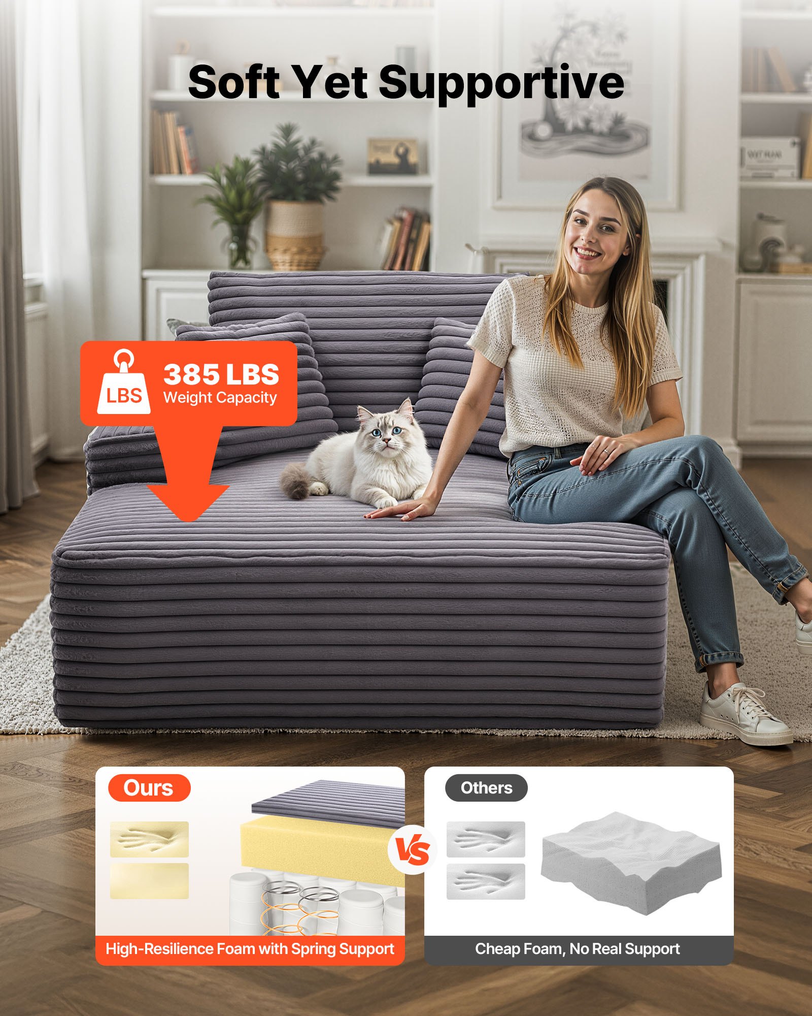VEVOR Chaise Longue Relajante, Sofá Cama Tapizado con Cojines Decorativos y Reposabrazos, con Asiento Profundo para Salón y Dormitorio, de Esponja Altamente Elástica, 1240 x 1700 x 700 mm, Gris
