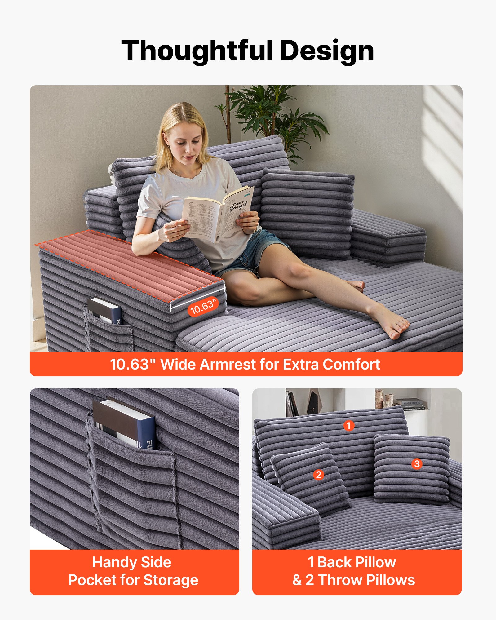 VEVOR Chaise Longue Relajante, Sofá Cama Tapizado con Cojines Decorativos y Reposabrazos, con Asiento Profundo para Salón y Dormitorio, de Esponja Altamente Elástica, 1240 x 1700 x 700 mm, Gris