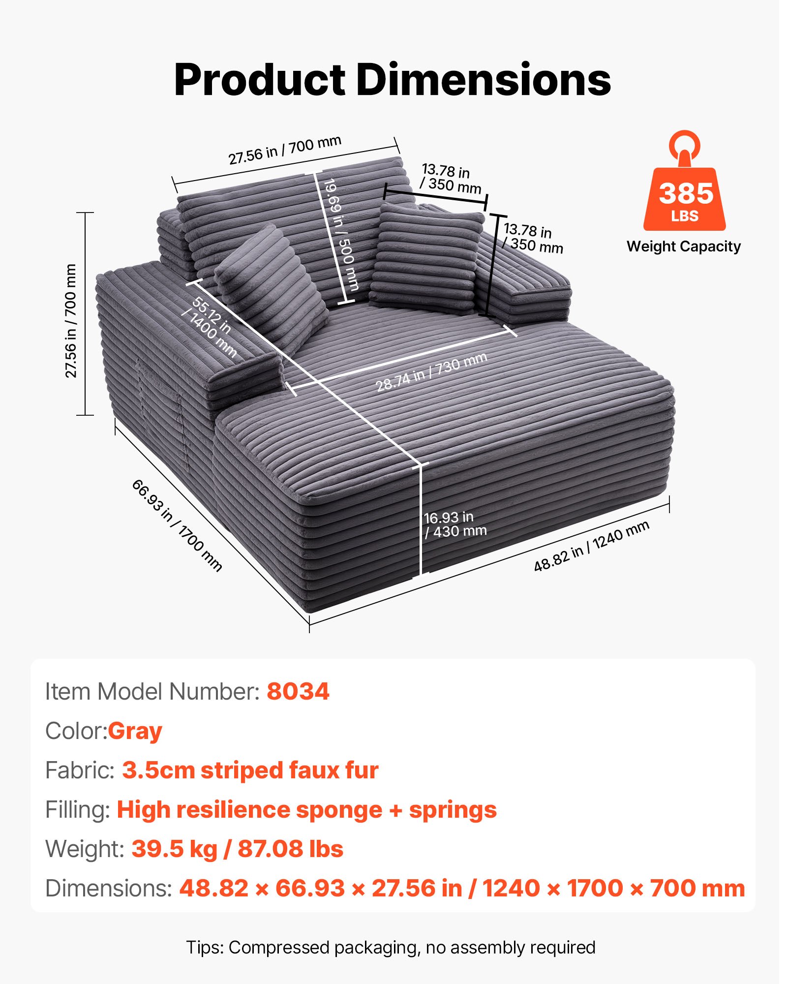 VEVOR Chaise Longue Relajante, Sofá Cama Tapizado con Cojines Decorativos y Reposabrazos, con Asiento Profundo para Salón y Dormitorio, de Esponja Altamente Elástica, 1240 x 1700 x 700 mm, Gris