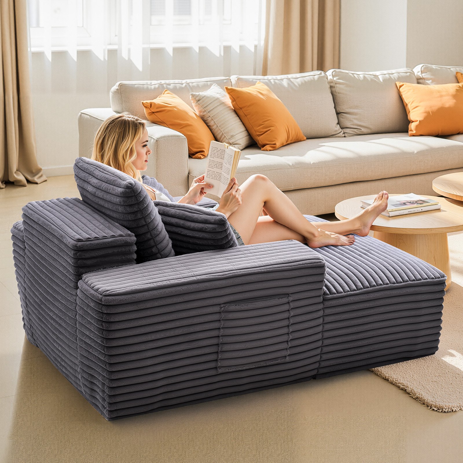 VEVOR Chaise Longue Relajante, Sofá Cama Tapizado con Cojines Decorativos y Reposabrazos, con Asiento Profundo para Salón y Dormitorio, de Esponja Altamente Elástica, 1240 x 1700 x 700 mm, Gris