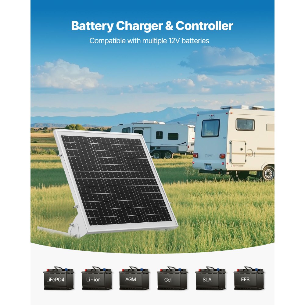 VEVOR 20W 12V Solar Battery Trickle Charger Maintainer, Mono Solar Panel Battery Charger with Built-in MPPT Controller & Adjustable Mount Bracket, IP65 Waterproof for Car Boat RV Trailer House Roof