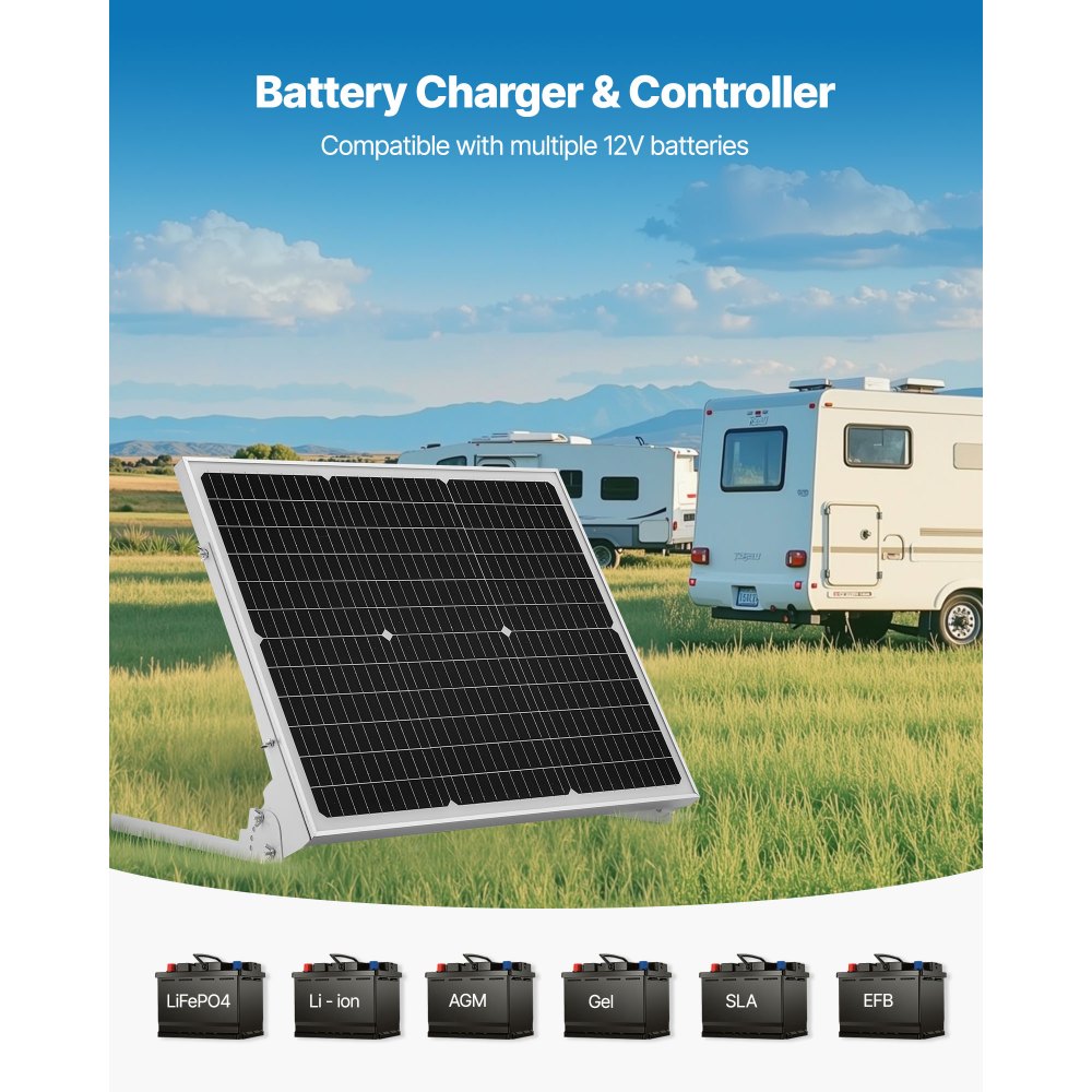 VEVOR Kit de Panel Solar Monocristalino de 12 V y 50 W, Cargador de Batería con Controlador MPPT Mejorado y Soporte de Montaje Ajustable, para Coche, Barco, Autocaravana, Remolque y Techo de Casa
