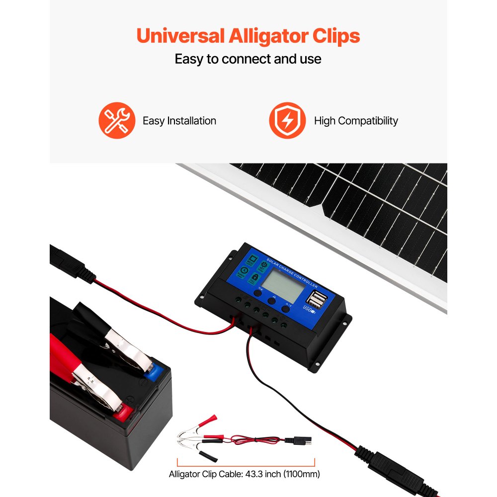 VEVOR Kit de Panel Solar Monocristalino de 12 V y 50 W, Cargador de Batería con Controlador MPPT Mejorado y Soporte de Montaje Ajustable, para Coche, Barco, Autocaravana, Remolque y Techo de Casa