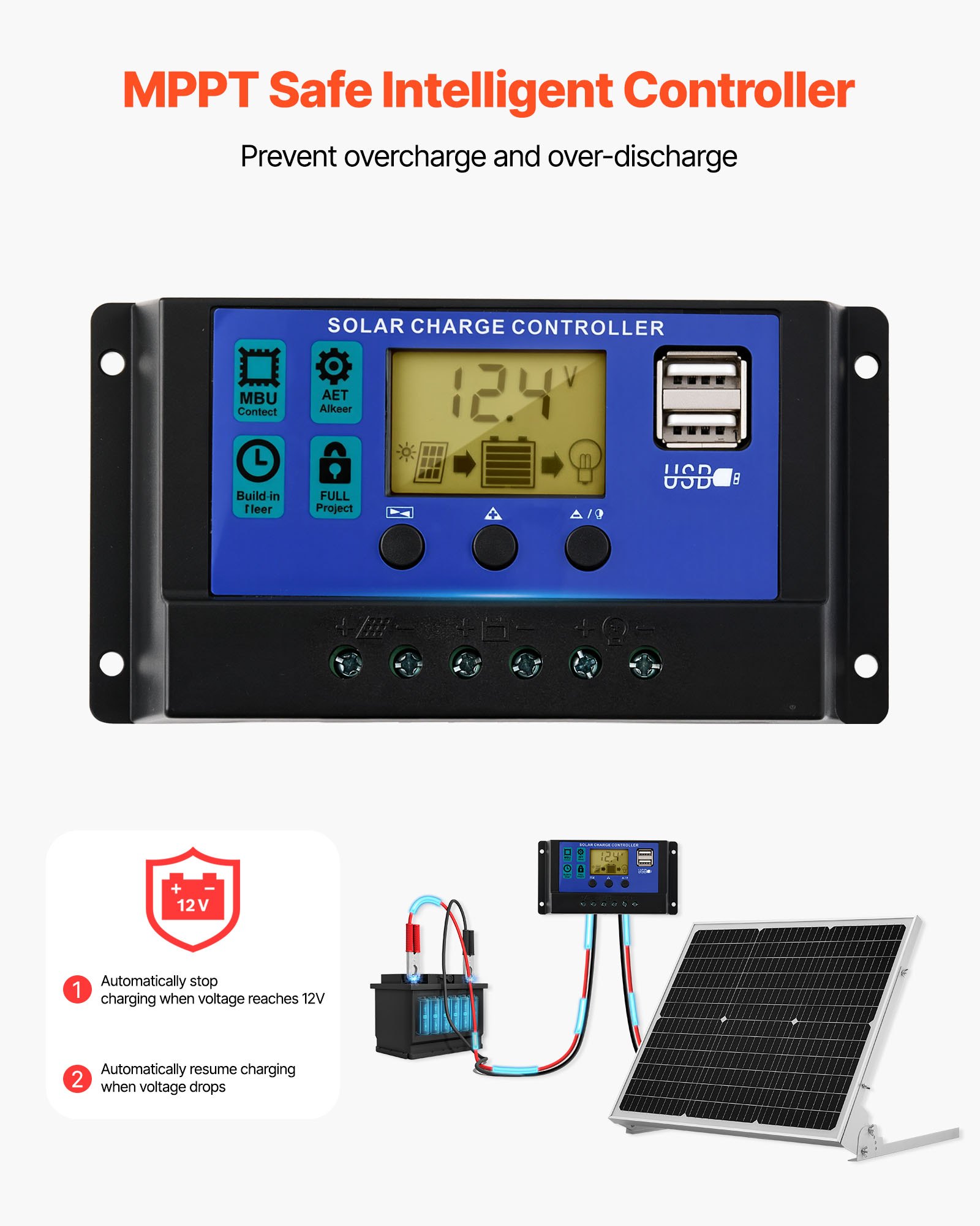 VEVOR Kit de Panel Solar Monocristalino de 12 V y 50 W, Cargador de Batería con Controlador MPPT Mejorado y Soporte de Montaje Ajustable, para Coche, Barco, Autocaravana, Remolque y Techo de Casa