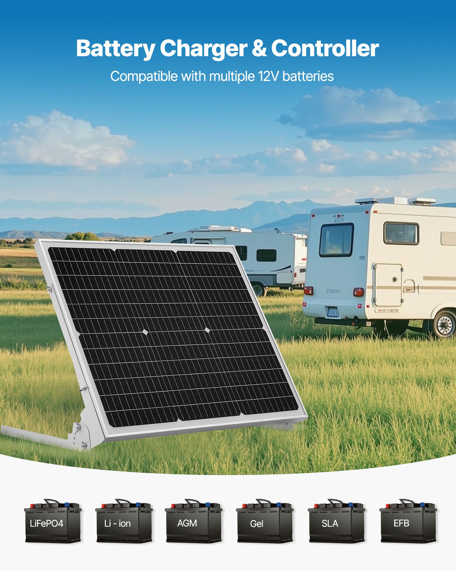 VEVOR Kit de Panel Solar Monocristalino de 12 V y 50 W, Cargador de Batería con Controlador MPPT Mejorado y Soporte de Montaje Ajustable, para Coche, Barco, Autocaravana, Remolque y Techo de Casa