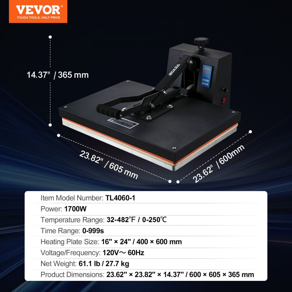 VEVOR Prensa de Calor Negro 406x610 mm Máquina de Sublimación Textil 1700 W Calentamiento Rápido Prensa de Calor por Transferencia por Sublimación Digital e Industrial para Camiseta, Bolso, Almohada