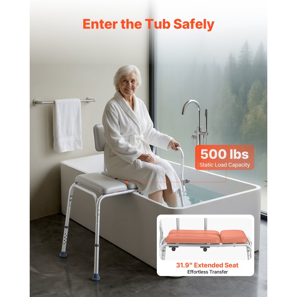 VEVOR Silla para Bañera con Brazo y Respaldo, Asiento de Bañera Capacidad de 227 kg, Altura Ajustable de 385 a 500 mm, Silla de Ducha para Adultos, Personas Mayores, Personas con Discapacidad