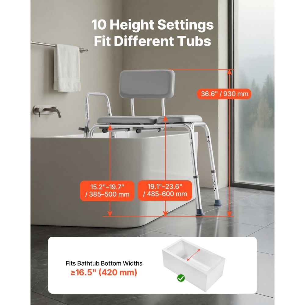 VEVOR Silla para Bañera con Brazo y Respaldo, Asiento de Bañera Capacidad de 227 kg, Altura Ajustable de 385 a 500 mm, Silla de Ducha para Adultos, Personas Mayores, Personas con Discapacidad