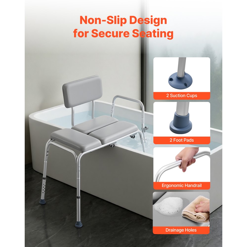 VEVOR Silla para Bañera con Brazo y Respaldo, Asiento de Bañera Capacidad de 227 kg, Altura Ajustable de 385 a 500 mm, Silla de Ducha para Adultos, Personas Mayores, Personas con Discapacidad