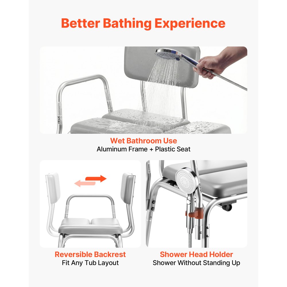 VEVOR Silla para Bañera con Brazo y Respaldo, Asiento de Bañera Capacidad de 227 kg, Altura Ajustable de 385 a 500 mm, Silla de Ducha para Adultos, Personas Mayores, Personas con Discapacidad