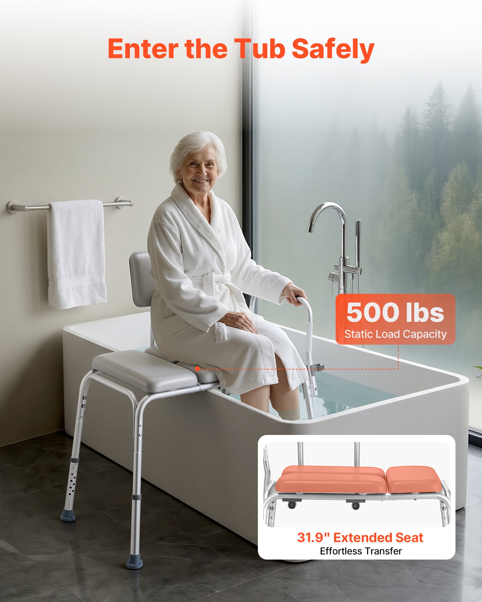 VEVOR Silla para Bañera con Brazo y Respaldo, Asiento de Bañera Capacidad de 227 kg, Altura Ajustable de 385 a 500 mm, Silla de Ducha para Adultos, Personas Mayores, Personas con Discapacidad