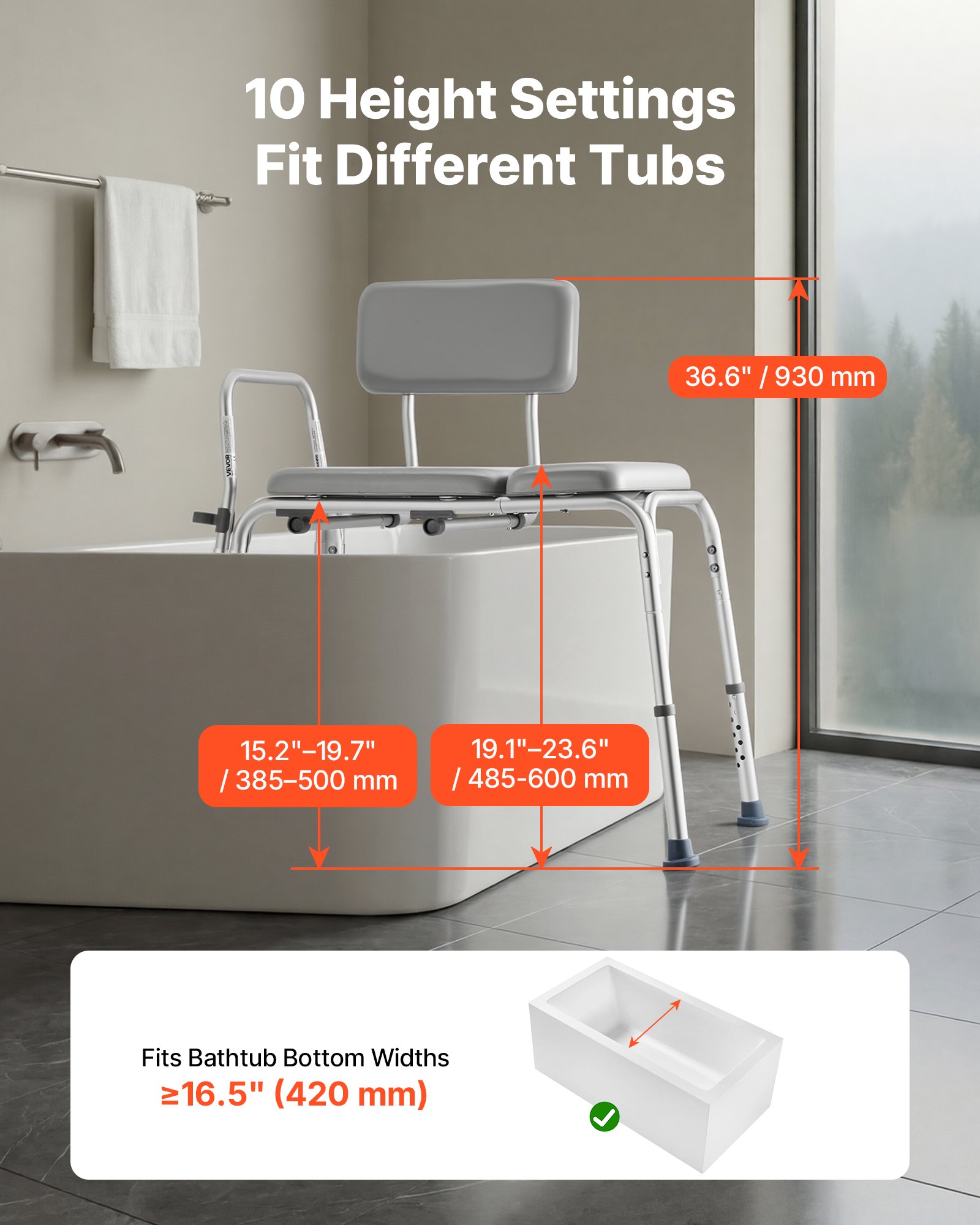 VEVOR Silla para Bañera con Brazo y Respaldo, Asiento de Bañera Capacidad de 227 kg, Altura Ajustable de 385 a 500 mm, Silla de Ducha para Adultos, Personas Mayores, Personas con Discapacidad