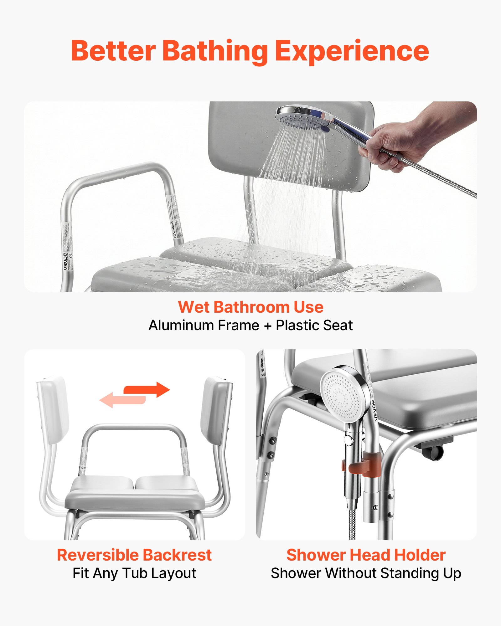 VEVOR Silla para Bañera con Brazo y Respaldo, Asiento de Bañera Capacidad de 227 kg, Altura Ajustable de 385 a 500 mm, Silla de Ducha para Adultos, Personas Mayores, Personas con Discapacidad
