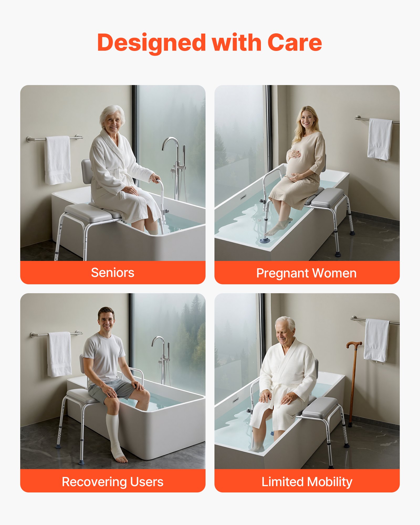 VEVOR Silla para Bañera con Brazo y Respaldo, Asiento de Bañera Capacidad de 227 kg, Altura Ajustable de 385 a 500 mm, Silla de Ducha para Adultos, Personas Mayores, Personas con Discapacidad