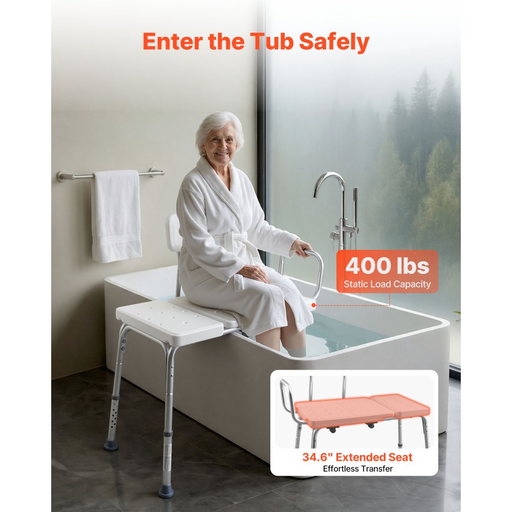 VEVOR Asiento de Bañera con Brazo y Respaldo, Silla para Bañera Altura Ajustable de 375 a 490 mm, Capacidad de 180 kg, Silla de Ducha para Adultos, Personas Mayores, Personas con Discapacidad