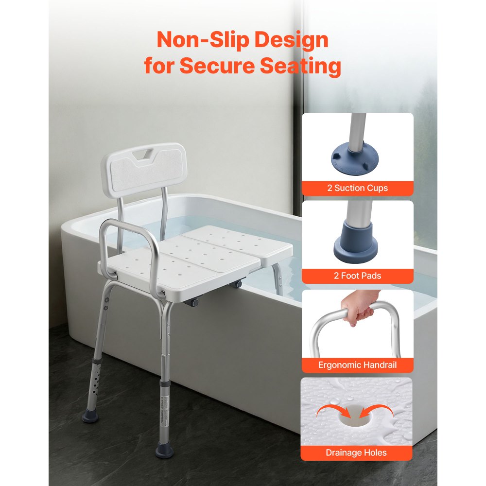 VEVOR Asiento de Bañera con Brazo y Respaldo, Silla para Bañera Altura Ajustable de 375 a 490 mm, Capacidad de 180 kg, Silla de Ducha para Adultos, Personas Mayores, Personas con Discapacidad