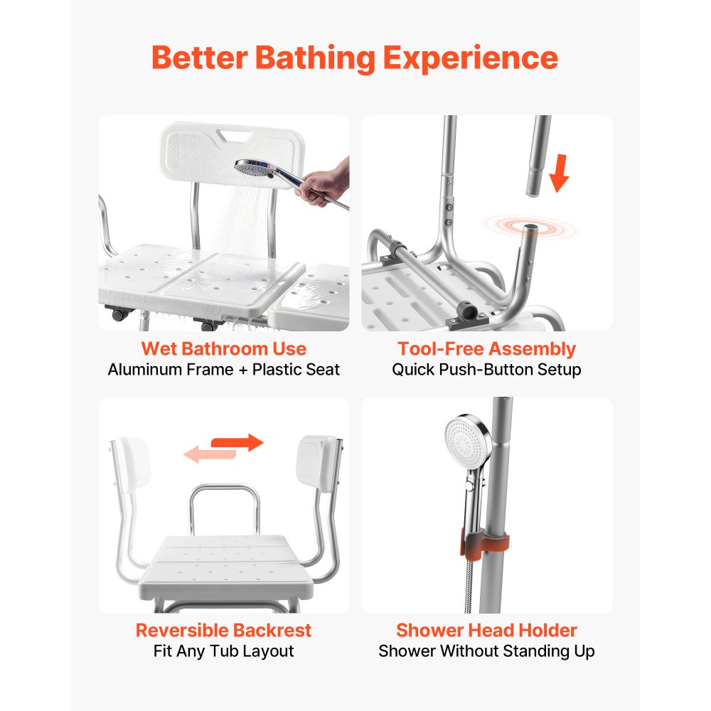 VEVOR Asiento de Bañera con Brazo y Respaldo, Silla para Bañera Altura Ajustable de 375 a 490 mm, Capacidad de 180 kg, Silla de Ducha para Adultos, Personas Mayores, Personas con Discapacidad