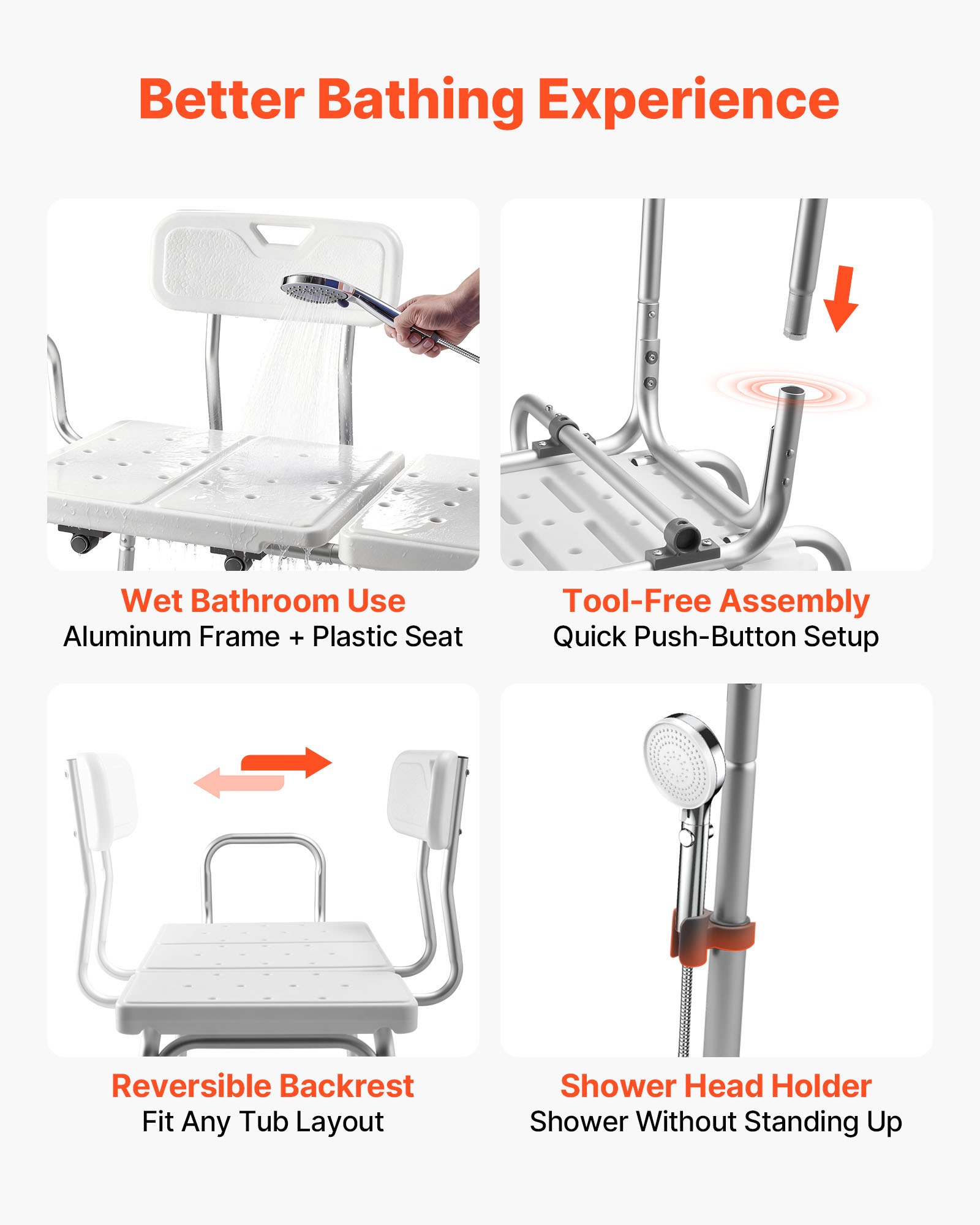 VEVOR Asiento de Bañera con Brazo y Respaldo, Silla para Bañera Altura Ajustable de 375 a 490 mm, Capacidad de 180 kg, Silla de Ducha para Adultos, Personas Mayores, Personas con Discapacidad