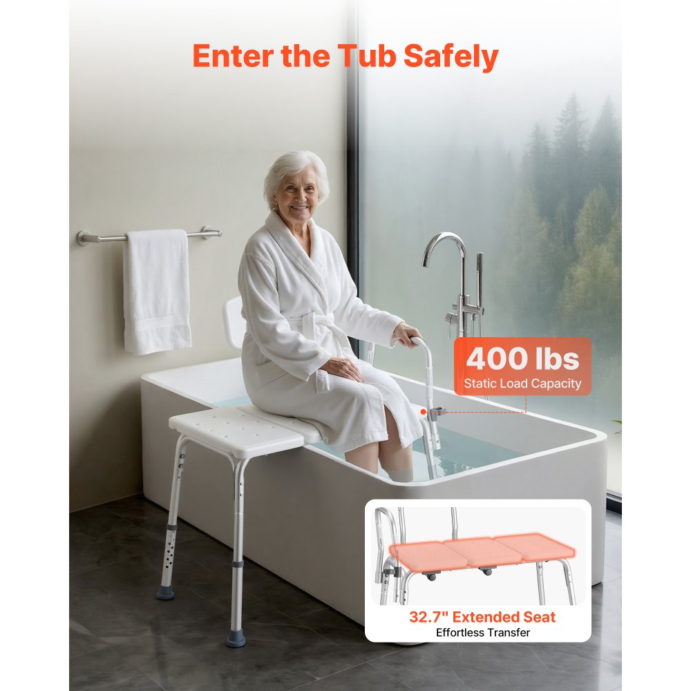 VEVOR Silla para Bañera con Brazo y Respaldo, Asiento de Bañera Capacidad de 180 kg, Altura Ajustable de 370 a 480 mm, Silla de Ducha para Adultos, Personas Mayores, Personas con Discapacidad