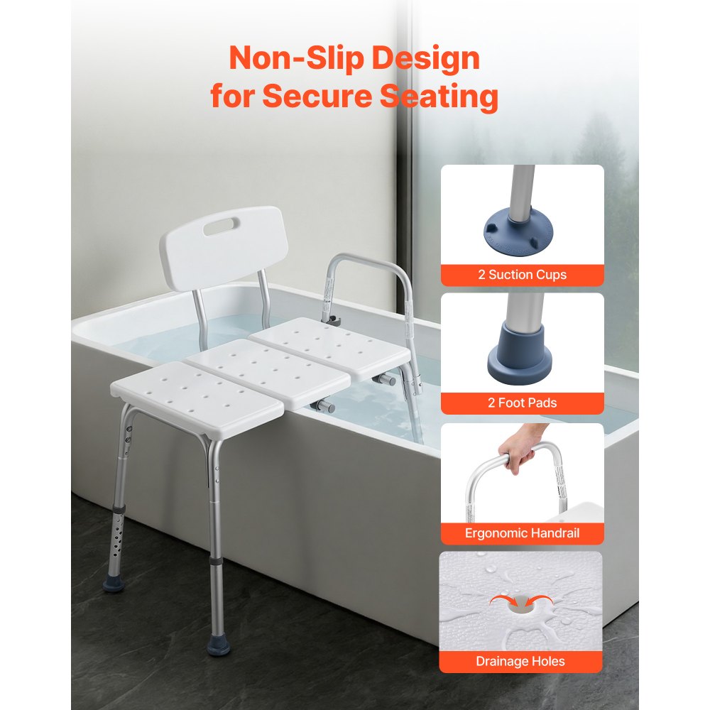 VEVOR Silla para Bañera con Brazo y Respaldo, Asiento de Bañera Capacidad de 180 kg, Altura Ajustable de 370 a 480 mm, Silla de Ducha para Adultos, Personas Mayores, Personas con Discapacidad