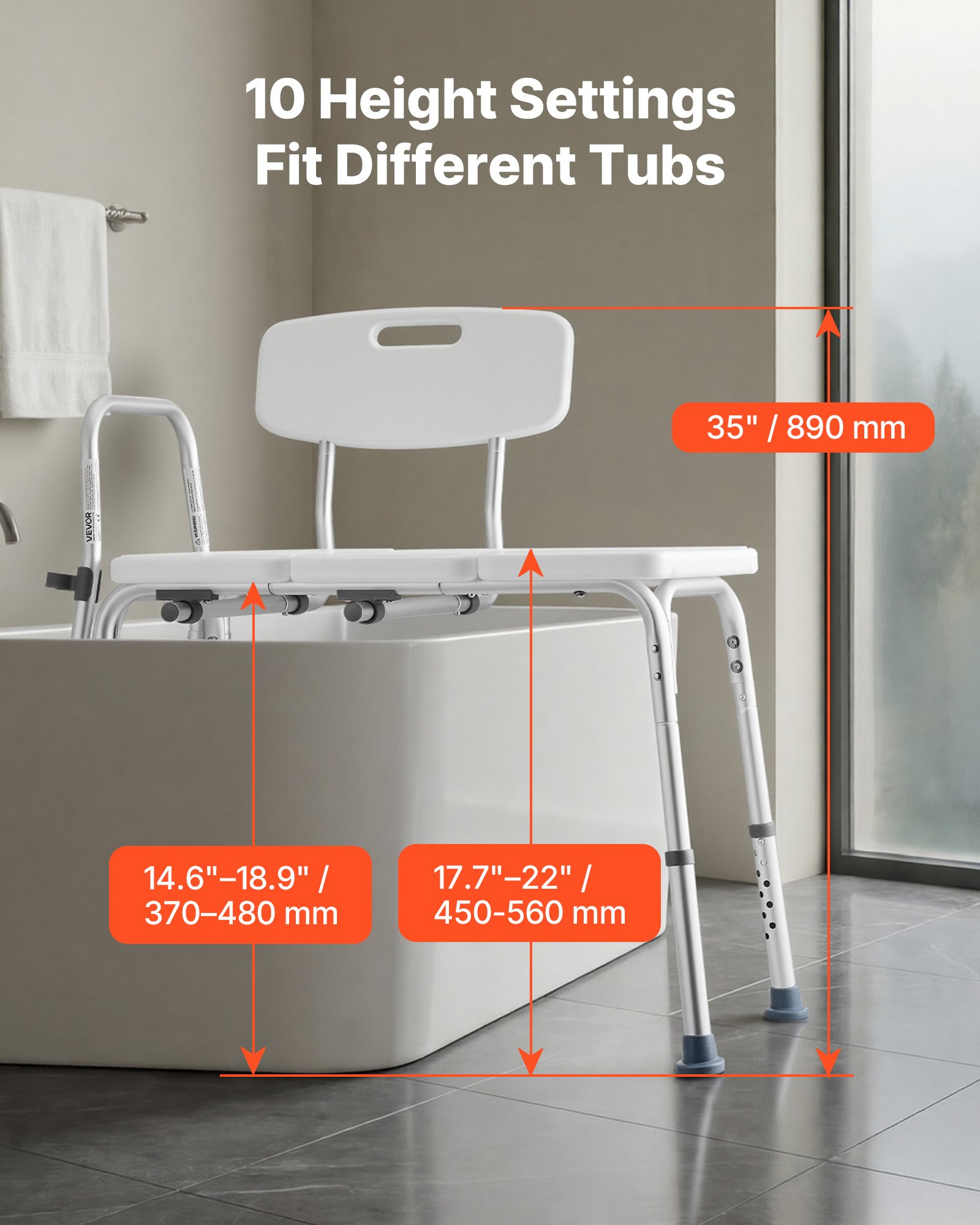VEVOR Silla para Bañera con Brazo y Respaldo, Asiento de Bañera Capacidad de 180 kg, Altura Ajustable de 370 a 480 mm, Silla de Ducha para Adultos, Personas Mayores, Personas con Discapacidad