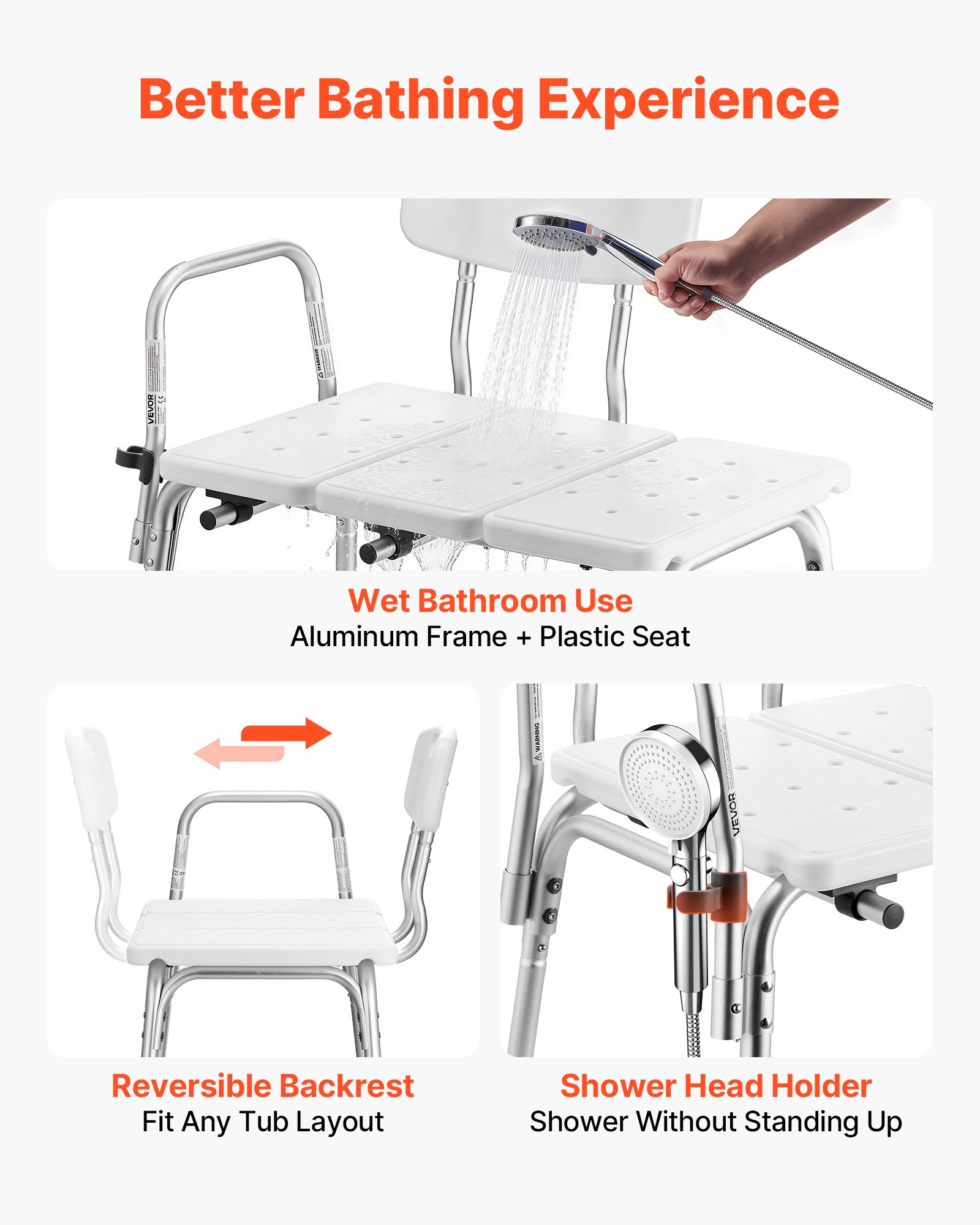 VEVOR Silla para Bañera con Brazo y Respaldo, Asiento de Bañera Capacidad de 180 kg, Altura Ajustable de 370 a 480 mm, Silla de Ducha para Adultos, Personas Mayores, Personas con Discapacidad
