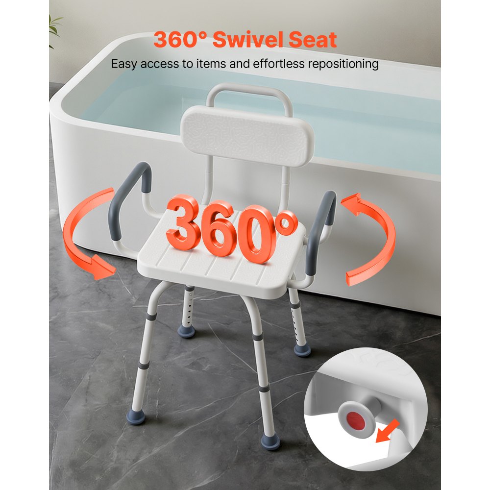 VEVOR Silla de Bañera con Asiento Giratorio, Brazos y Respaldo, Carga de 180 kg, Altura Ajustable de 405 a 530 mm, Asiento de Bañera para Adultos, Personas Mayores, Personas con Discapacidad