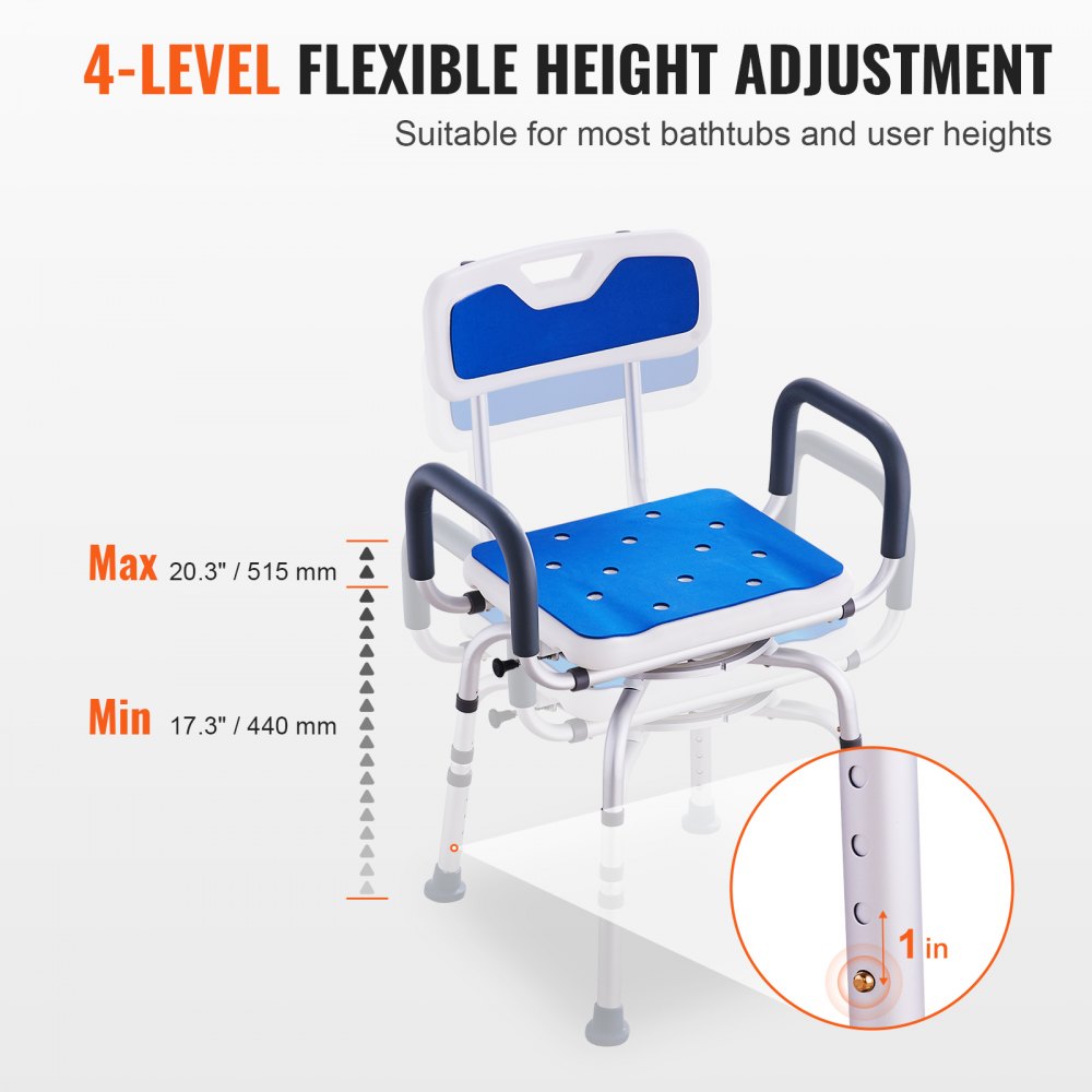 VEVOR Silla de Ducha Giratoria 360 Grados, Asiento de Ducha Ajustable con Reposabrazos y Respaldo para Ducha Interior o Bañera, Asiento de Silla de Bañera Giratorio Antideslizante para Personas Mayores Discapacitadas Heridas, Capacidad de 400 Libras