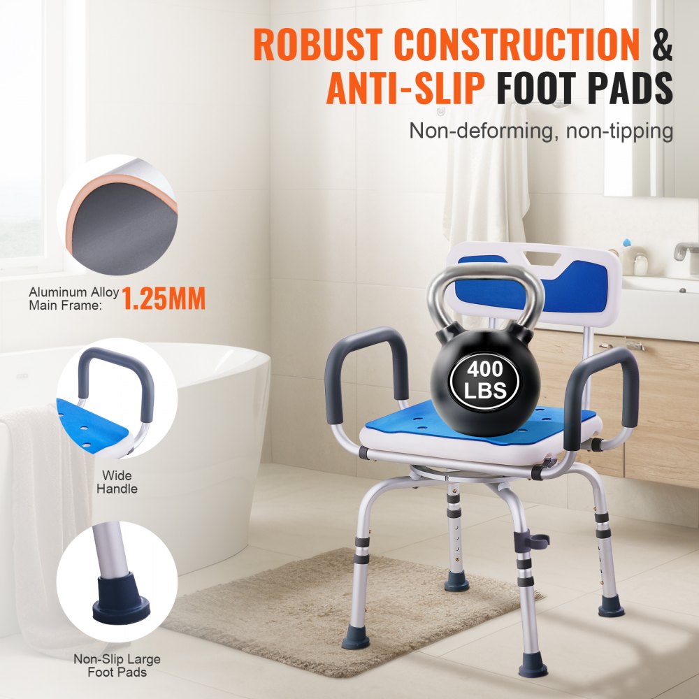 VEVOR Silla de Ducha Giratoria 360 Grados, Asiento de Ducha Ajustable con Reposabrazos y Respaldo para Ducha Interior o Bañera, Asiento de Silla de Bañera Giratorio Antideslizante para Personas Mayores Discapacitadas Heridas, Capacidad de 400 Libras