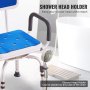 Silla de ducha VEVOR con cojín de asiento azul, reposabrazos y soporte de cabezal de ducha adjunto.