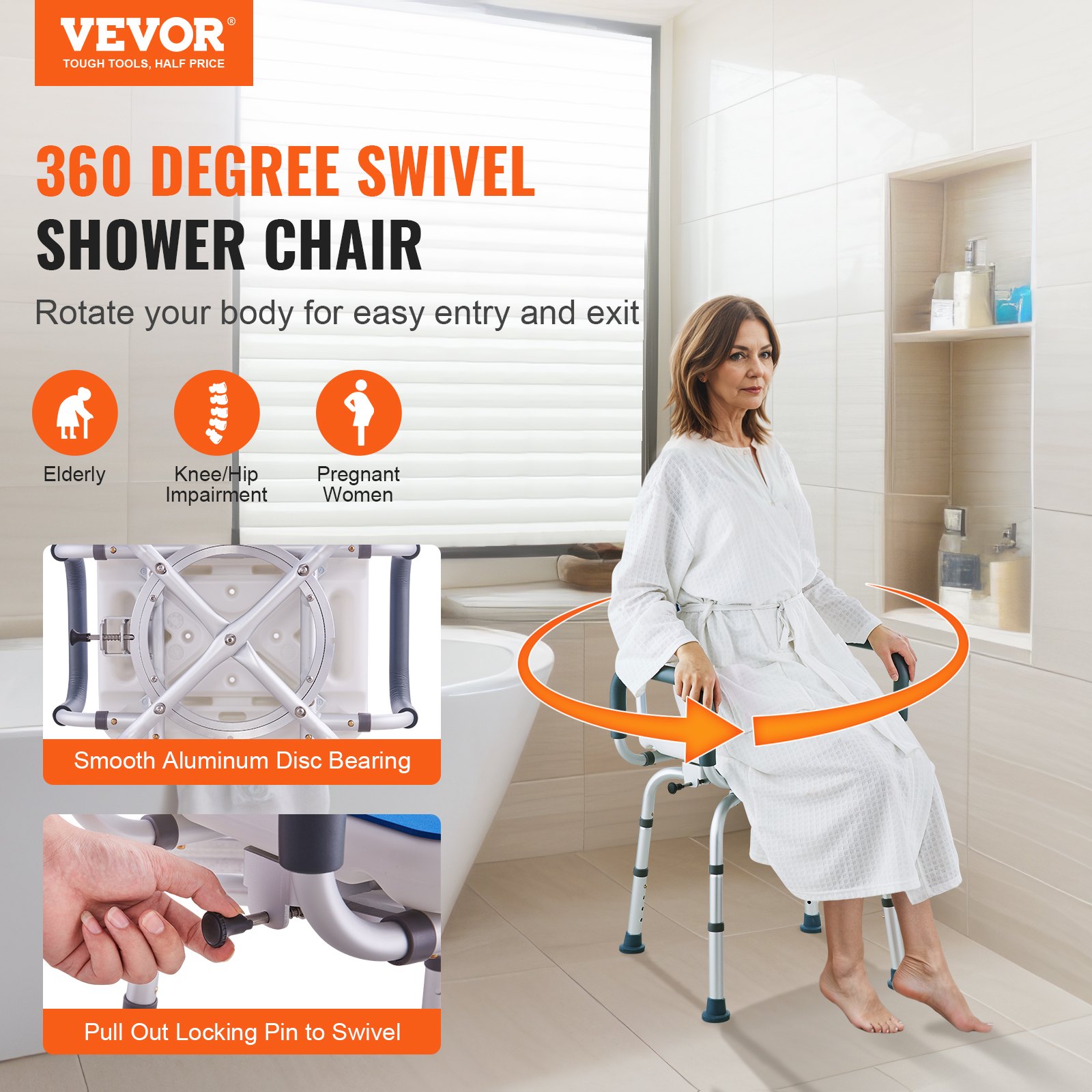VEVOR Silla de Ducha Giratoria 360 Grados, Asiento de Ducha Ajustable con Reposabrazos y Respaldo para Ducha Interior o Bañera, Asiento de Silla de Bañera Giratorio Antideslizante para Personas Mayores Discapacitadas Heridas, Capacidad de 400 Libras