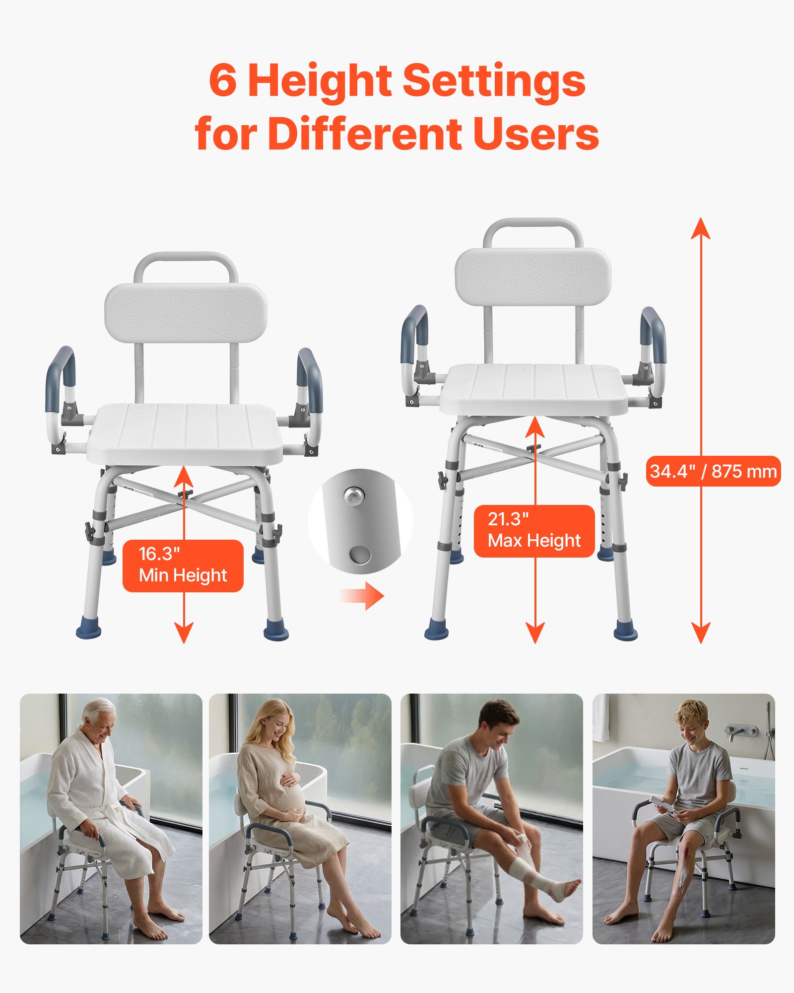 VEVOR Silla de Bañera con Asiento Giratorio, Brazos y Respaldo, Carga de 226 kg, Altura Ajustable de 415 a 540 mm, Asiento de Bañera para Adultos, Personas Mayores, Personas con Discapacidad
