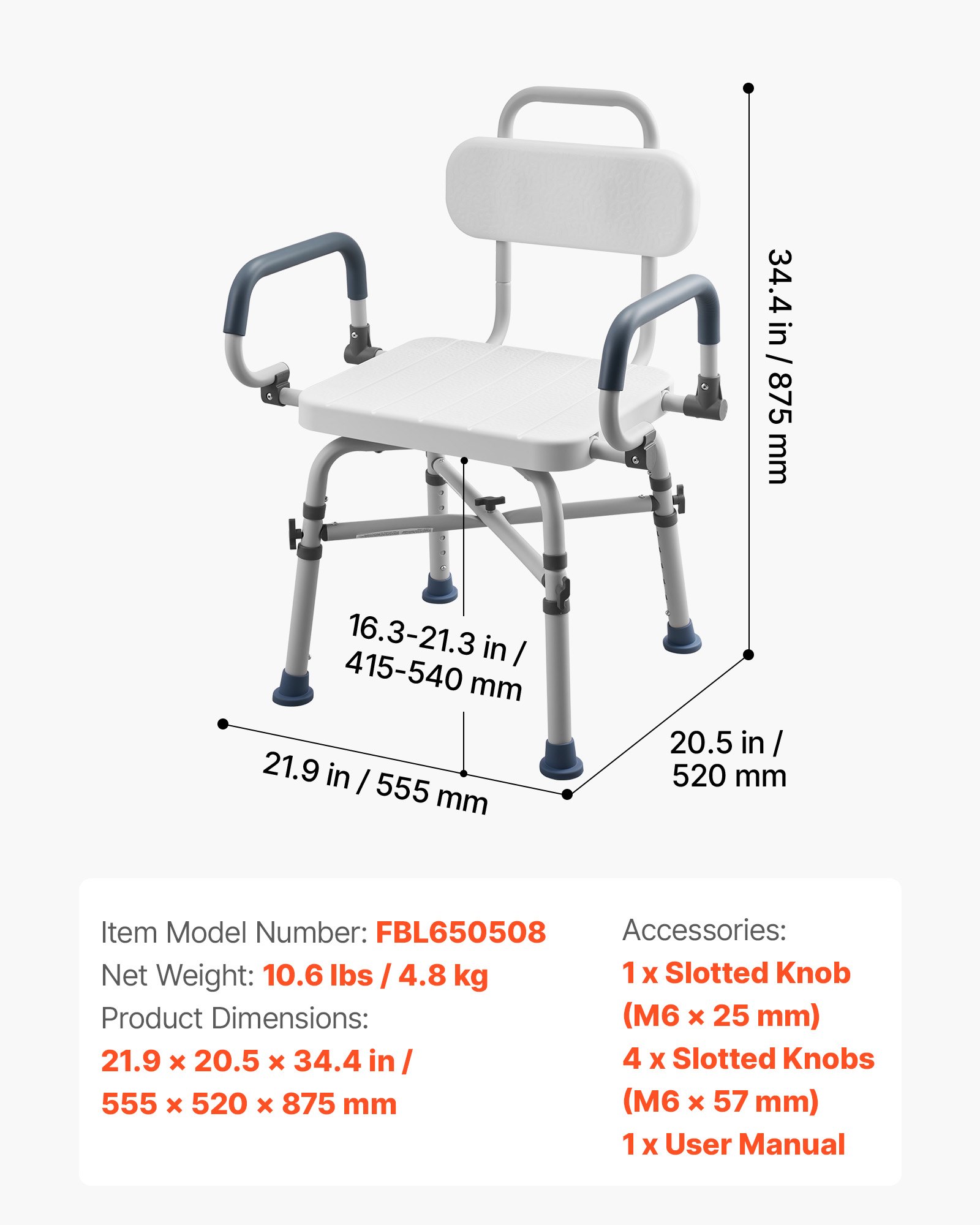 VEVOR Silla de Bañera con Asiento Giratorio, Brazos y Respaldo, Carga de 226 kg, Altura Ajustable de 415 a 540 mm, Asiento de Bañera para Adultos, Personas Mayores, Personas con Discapacidad