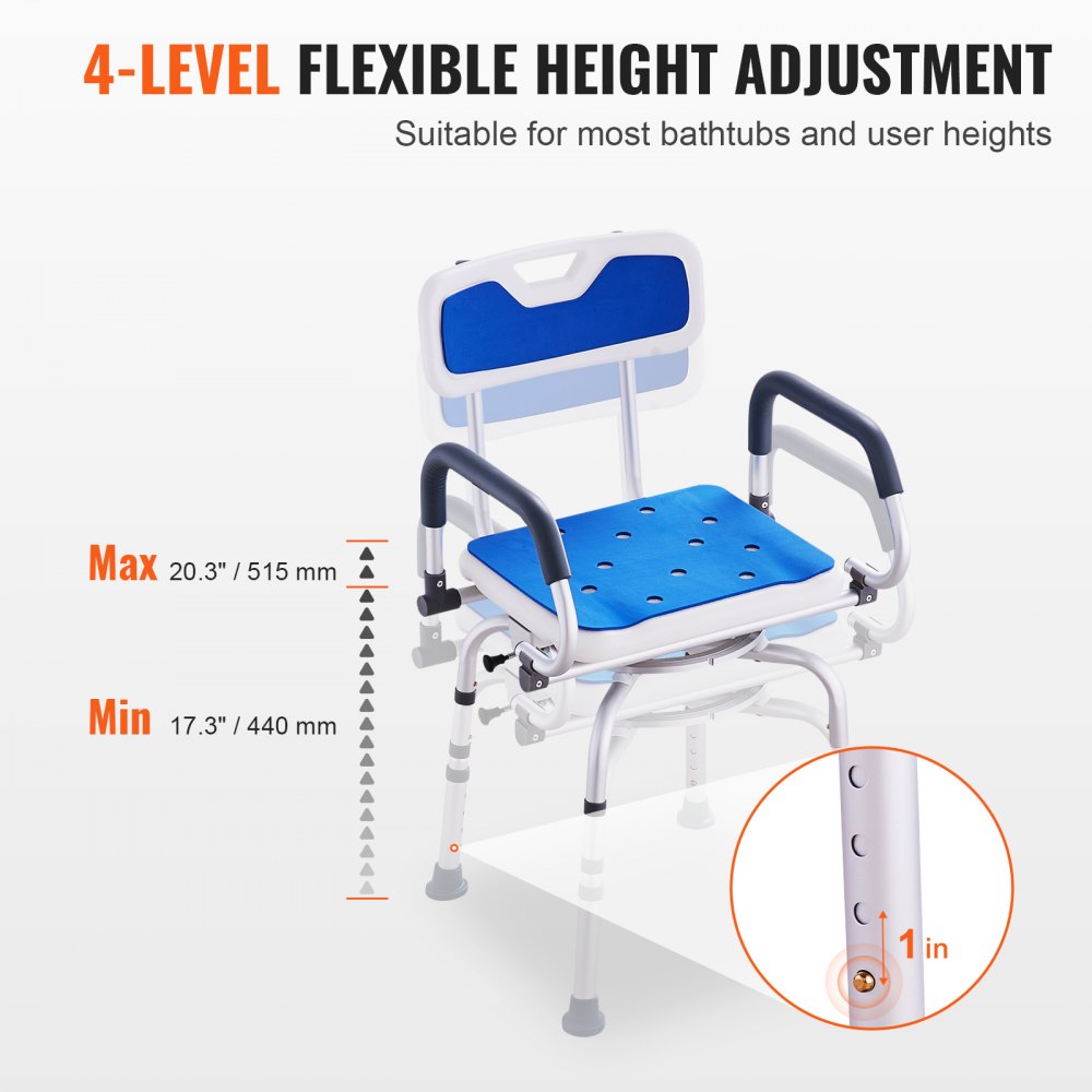 VEVOR Silla de ducha giratoria de 360 ​​grados, asiento de ducha ajustable con brazos pivotantes para duchas o bañeras interiores, silla de ducha giratoria antideslizante para personas mayores discapacitadas lesionadas, capacidad de 400 libras