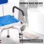 Silla de ducha VEVOR con asiento y respaldo de color azul, con soporte para cabezal de ducha extraíble en el marco.