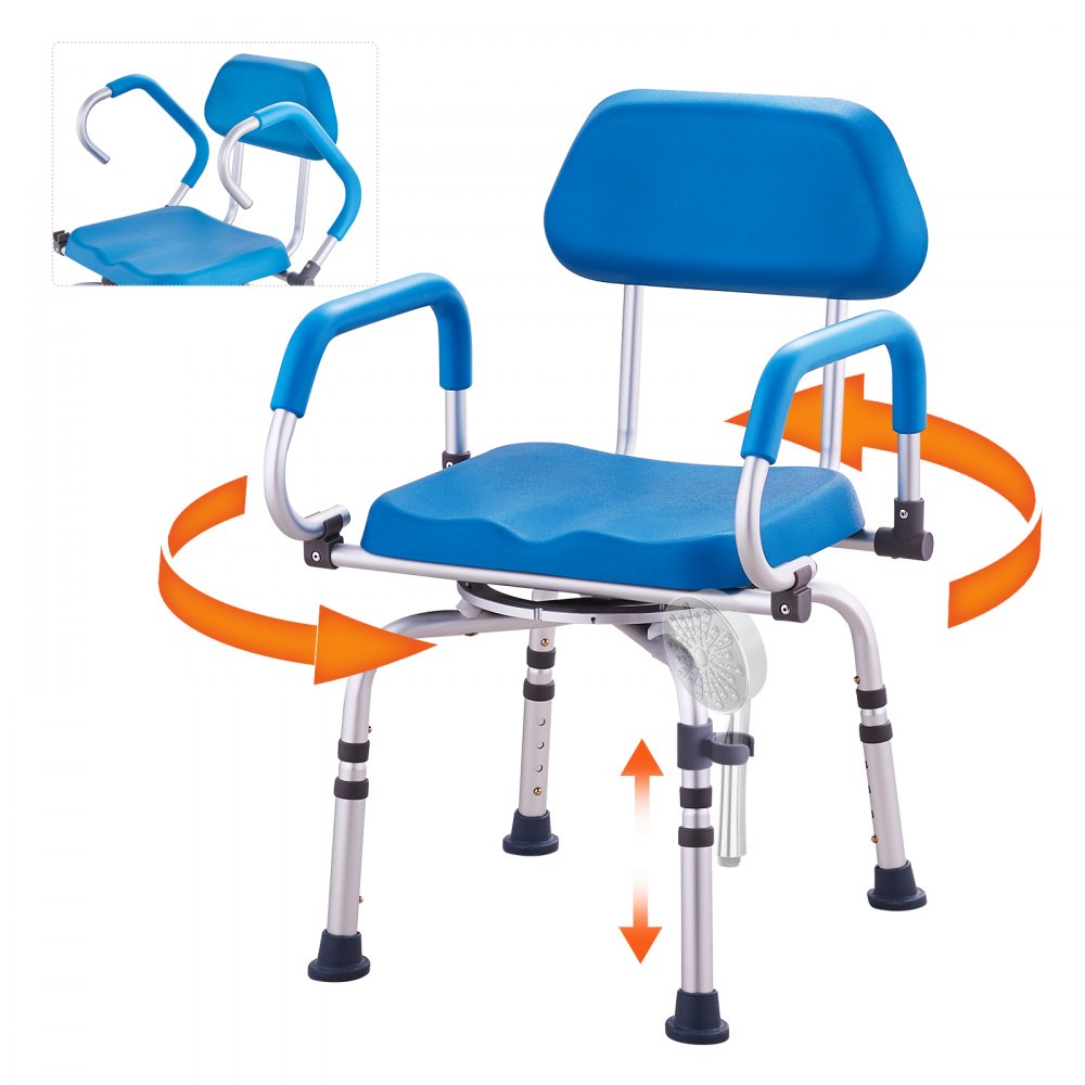 Silla de ducha giratoria VEVOR con asiento azul, altura ajustable y reposabrazos giratorios.