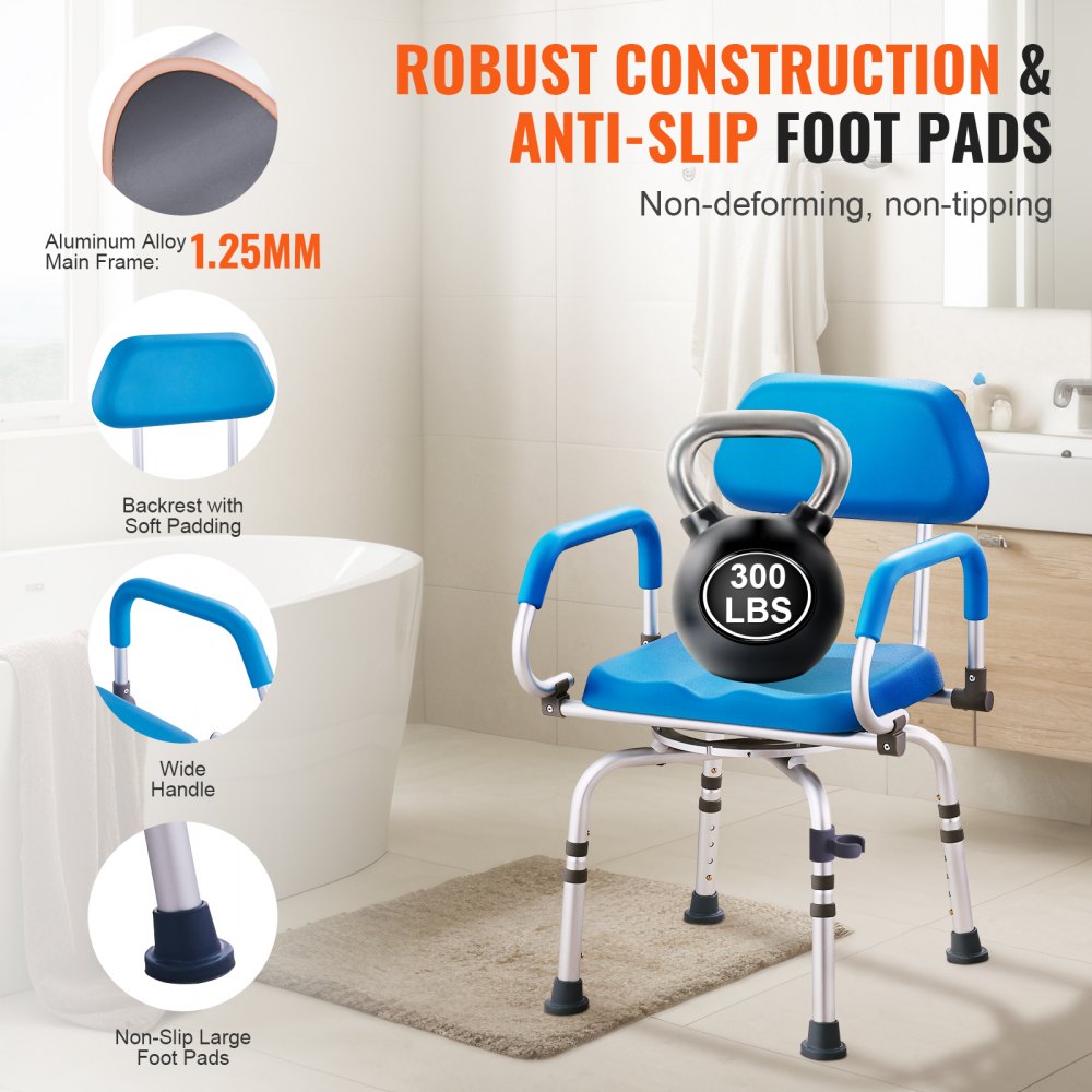 VEVOR 360 Degree Swivel Shower Chair, Adjustable Shower Seat with Swivel Armrests and Padded Bath Seat for Indoor Shower or Bathtub, Non-Slip Swivel Bath Chair for Elderly People with Disabilities, Weight Capacity 136 kg