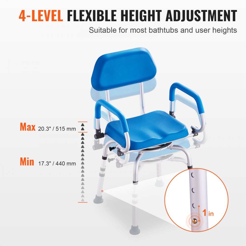 VEVOR 360 Degree Swivel Shower Chair, Adjustable Shower Seat with Swivel Armrests and Padded Bath Seat for Indoor Shower or Bathtub, Non-Slip Swivel Bath Chair for Elderly People with Disabilities, Weight Capacity 136 kg