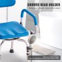 Silla de ducha giratoria VEVOR con acolchado azul y soporte para cabezal de ducha adjunto en un baño moderno.