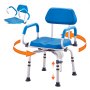 Silla de ducha giratoria VEVOR con asiento azul, altura ajustable y reposabrazos giratorios.