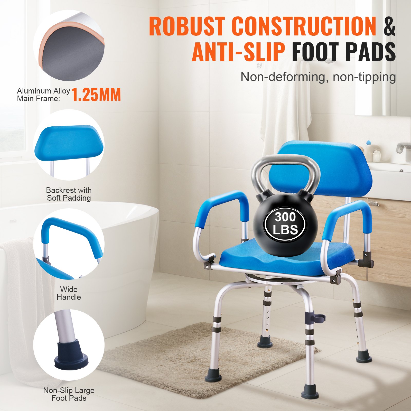 VEVOR 360 Degree Swivel Shower Chair, Adjustable Shower Seat with Swivel Armrests and Padded Bath Seat for Indoor Shower or Bathtub, Non-Slip Swivel Bath Chair for Elderly People with Disabilities, Weight Capacity 136 kg