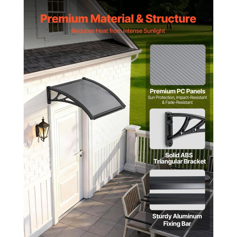 VEVOR Toldo para Puertas y Ventanas con Drenaje 61 x 60 cm, Tejadillo de Protección para Entrada con Soporte de ABS, Protección contra Lluvia, Nieve, Sol, Toldo de Policarbonato para Porche, Gris